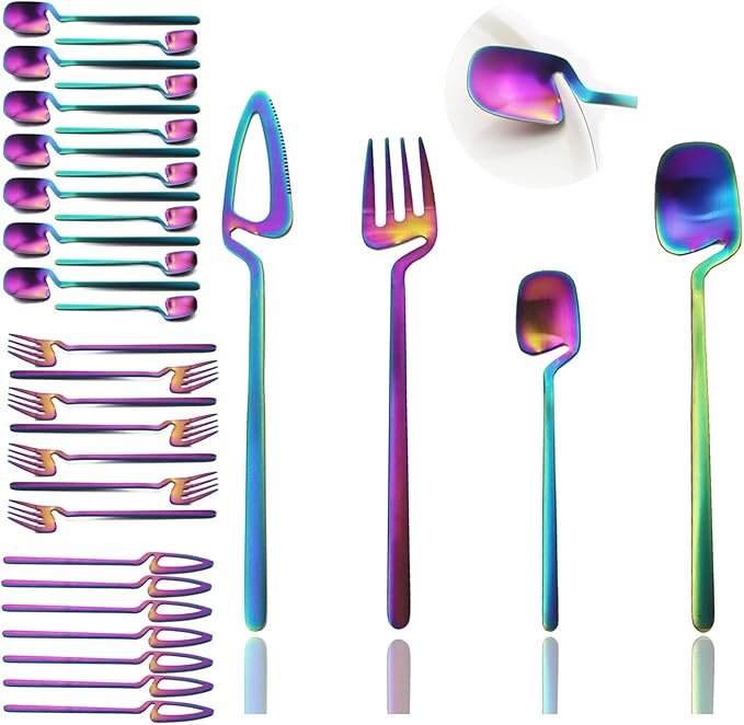 JASHII Flatware Set 32-piece Silverware Set Matte Finished Cutlery Set Service for 8 Include Knife/Fork/Spoon/Coffee spoon Dishwasher Safe (Rainbow)