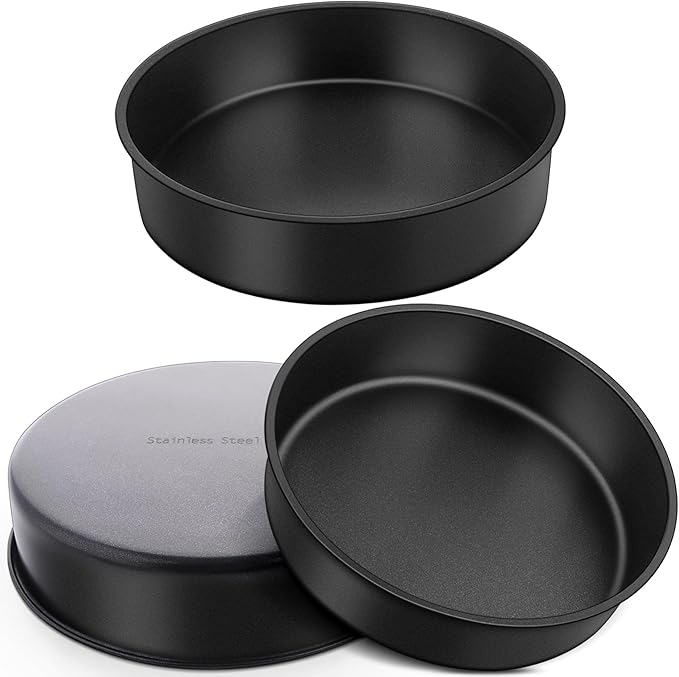 TeamFar 9½ Inch Cake Pan Set of 3, Layer Round Baking Cake Pans for Birthday Wedding Party, Stainless Steel Core & Black Nonstick Coating, Healthy & Heavy Duty, 2 Inch Deep & Easy Clean