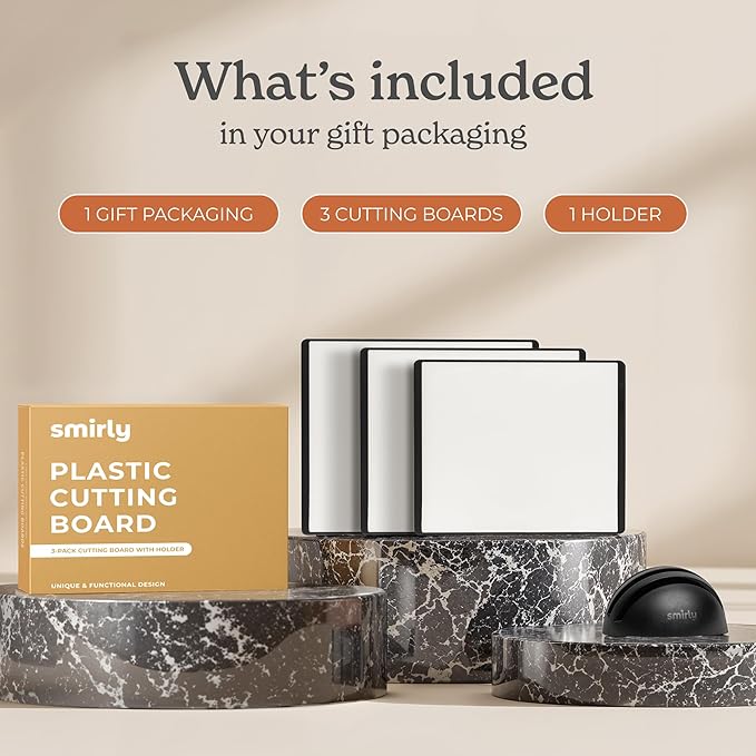 SMIRLY Plastic Cutting Board Set with Holder 3 Pieces, Non-Slip Dishwasher Safe Chopping Boards for Kitchen, Black & White