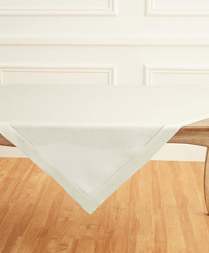Solino Home Ivory Linen Tablecloth 52 x 52 Inch - 100% Pure Linen Square Table Throw - Classic Hemstitch, Machine Washable Table Cloth for Summer, Fall, Autumn