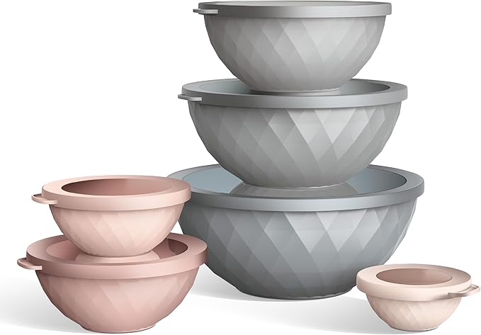 COOK WITH COLOR Mixing Bowls with Lids - 12 Piece Plastic Nesting Bowls Set includes 6 Prep Bowls and 6 Lids, Diamond Design - Microwave Safe (Mint)