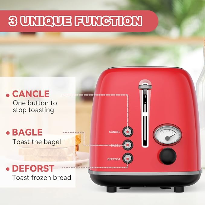 Toaster 2 slice,Retro Stainless Steel Toaster with 6 Settings, 1.5 In Extra Wide Slots, Bagel/Defrost/Cancel Function, Removable Crumb Tray (Red)
