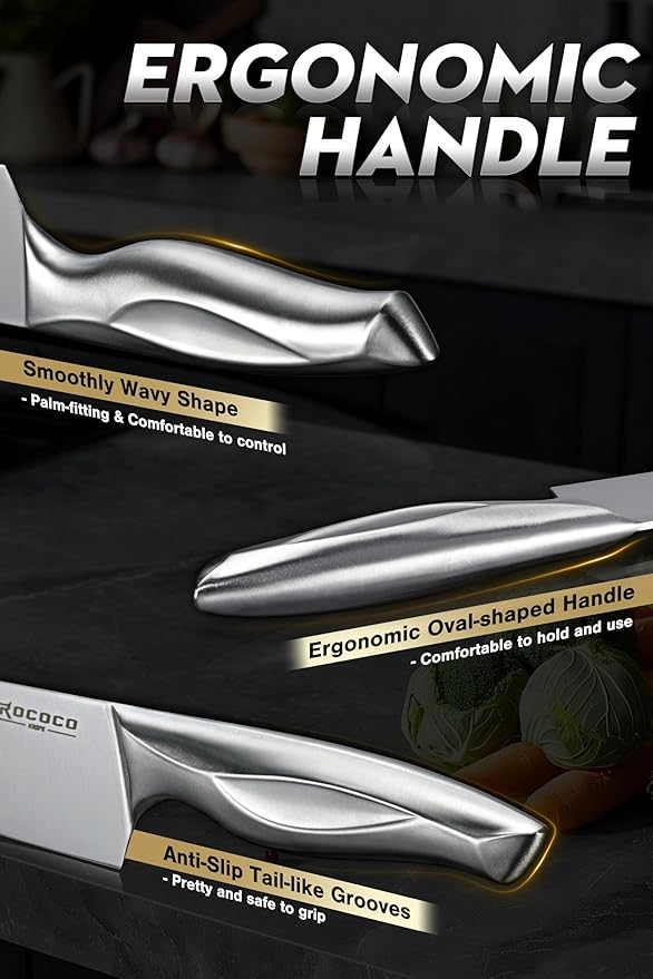 ROCOCO Kitchen Block Knife Set - 15 PCS Stainless Steel Knife Set with Block and Sharpener Dishwasher Safe Father Mother Birthday Christmas Gift