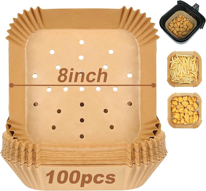 BYKITCHEN Square Air Fryer Liners for 2 to 5 Qt, Set of 100, 8 Inch Perforated Small Air Fryer Parchment Paper, Mini Air Fryer Filters for Basket, Compatible with Chefman, Instant Vortex, Dash & More