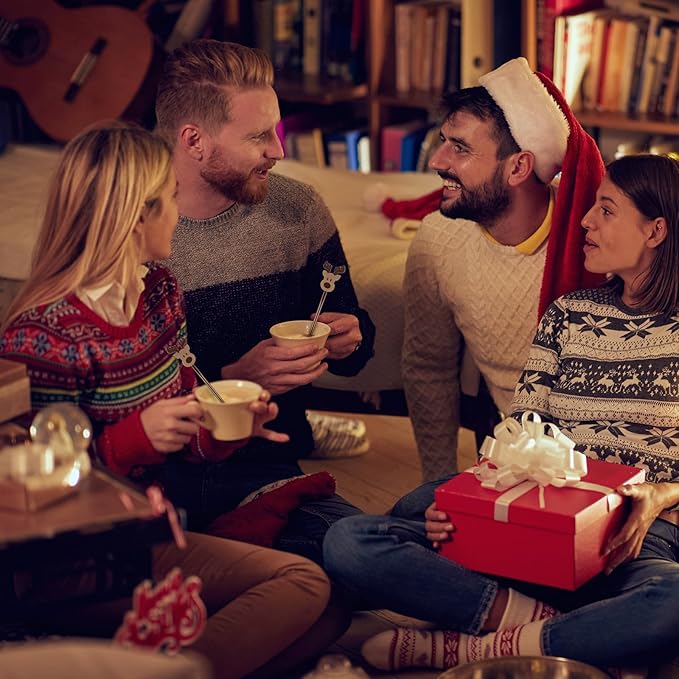 Chengu 100 Pcs Christmas Drink Stirrers Xmas Stir Sticks Bulk Holiday Coffee Stirrers Plastic Swizzle Stick Hot Cocoa Bar Supplies Chocolate Decoration Reusable Cocktail Mixer(Reindeer)