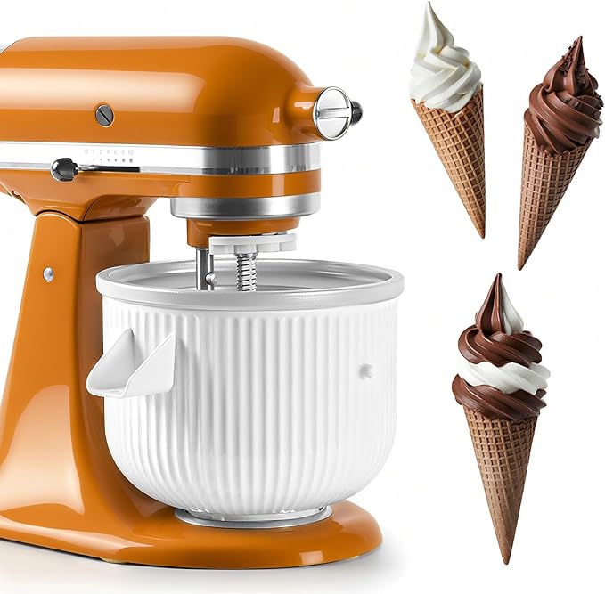 Ice Cream Maker Attachment for KitchenAid 4.5/5QT & 6QT Mixers, Frozen Ice Cream & Sorbet Gelato Maker for KitchenAid, 2 Quart, White, Not Dishwasher Safe