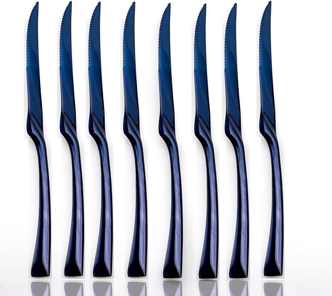 JASHII 18/10 Stainless Steel 8 Piece Mirror Polished Jubilee Blue Serrated Steak Knife Colorful Serving Black Utensil Set Replace Black