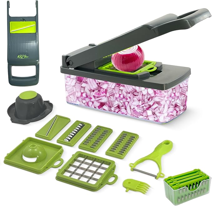 Mandoline Vegetable Slicer, Dicer, 16-in-1 Multifunctional Veggie Chopper, Colander Basket, Onion, Carrot, Potato, Salad, Garlic, ABS Design, Stainless Steel Sharp Blades. (NGI-HVG16-GR)