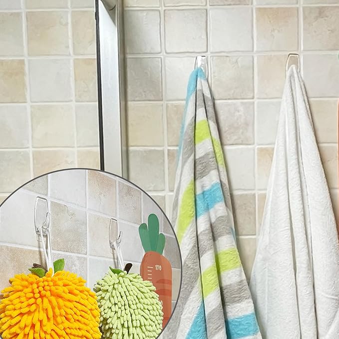 12 Large Wall Hooks for Hanging Heavy Duty, with 16 Removable Strips, Clear Hanger Hooks, Damage-Free Utility Hooks with Adhesive Strips, Plastic Wall Hook for Key, Shower, Towel, Coat, Door, Hat.