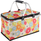Insulated Picnic Basket,Collapsible Cooler Bag,32L Grocery Basket with Lid,2 Sturdy Handles,Storage Basket for Picnic,Food Delivery,Take Outs,Market Shopping,Travel (Flower)