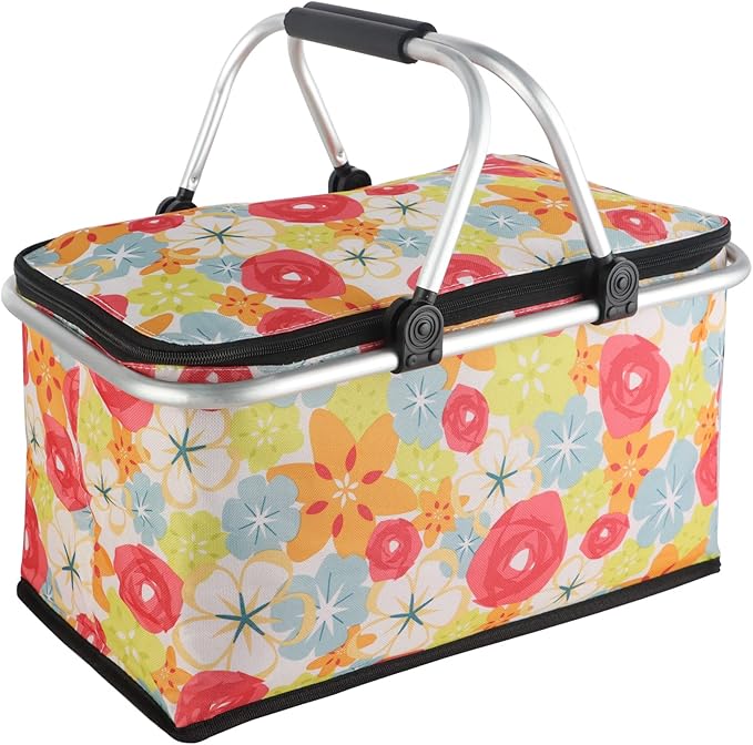 Insulated Picnic Basket,Collapsible Cooler Bag,32L Grocery Basket with Lid,2 Sturdy Handles,Storage Basket for Picnic,Food Delivery,Take Outs,Market Shopping,Travel (Flower)