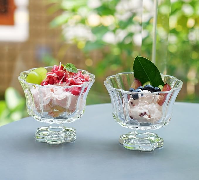 Ice Cream Bowls Drinking Glass Cups Set of 2 (Transparent), Flower Petal Style Glasses, 8.5oz, Suitable for Ice cream, Cocktails, Dessert & More.