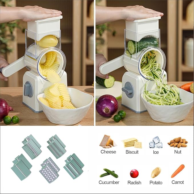 Rotary Cheese Grater with Hand Crank, 5 Interchangeable Blades Vegetable Slicer - Strong Suction Cup Base for Secure Use, Removable & Easy to Clean - Ideal for Cheese, Vegetables, Fruits, Nuts green