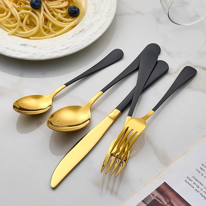 20-Piece Gold Silverware Set 18/0 Stainless Steel Flatware Black Handle Cutlery Set Service for 4 Dinner Knives Forks Spoons Set Mirror Finish Dishwasher Safe