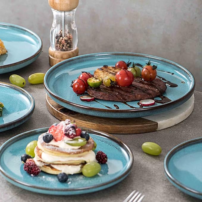 Henten Home 10 Inch Ceramic Dinner Plates, Porcelain Pasta Plates Set of 4, Fluted Round Plates for Kitchen, Steak, Salad Stonware Dishes, Scratch Resistant, Dishwasher & Microwave Safe (Aqua)