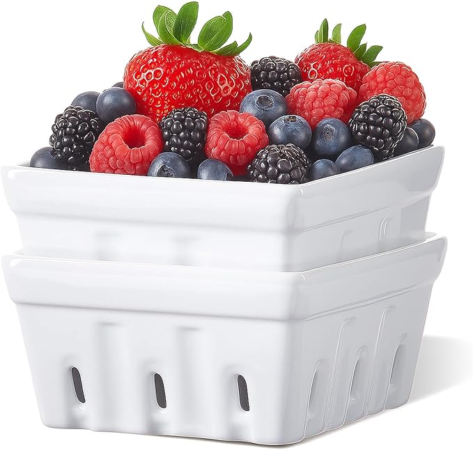 ONEMORE Berry Basket Ceramic Berry Bowls with Holes Square Fruit Bowl Berry Colander Containers for Fridge - 5.8" Fruit Basket for Kitchen Décor, Set of 2, White