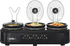 3 * 1.5 Quarts Triple Slow Cooker, Buffet Server & Warmer with 3 Removable Ceramic Pots, 3 Adjustable Temp Settings & 3 Metal Lid Rests, Stainless Steel, Black