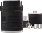GENNISSY 8oz Hip Flask for Men - 304(18/8) Stainless Steel Bourbon Whiskey Flask, Leakproof with American Flag Leather Wrap - Includes Funnel & 3 Mini Cups for Gifts Travel