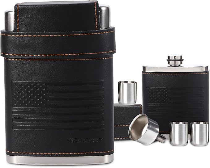 GENNISSY 8oz Hip Flask for Men - 304(18/8) Stainless Steel Bourbon Whiskey Flask, Leakproof with American Flag Leather Wrap - Includes Funnel & 3 Mini Cups for Gifts Travel