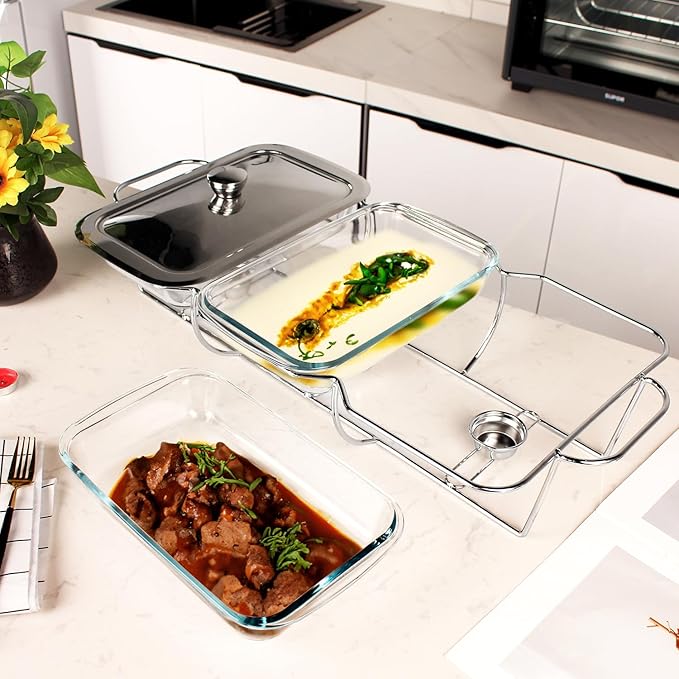 Casserole Dish Set Rectangle 3-in-1 Glass Baking Dish, with Stainless steel Lid and Silver rack, 1.3 Qt x 3 pcs Baking Pan For Casserole & Lasagna, Dishwasher Oven Freezer Microwave Safe
