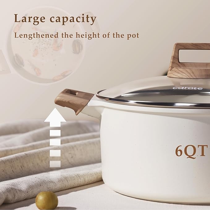 CAROTE 6 Qt Nonstick Stock Pot with Lid Soup Pot, 6 Quart with Lid, Casserole Super Easy to Clean Non Stick Cooking Pot Cookware PFOA Free, White Granite