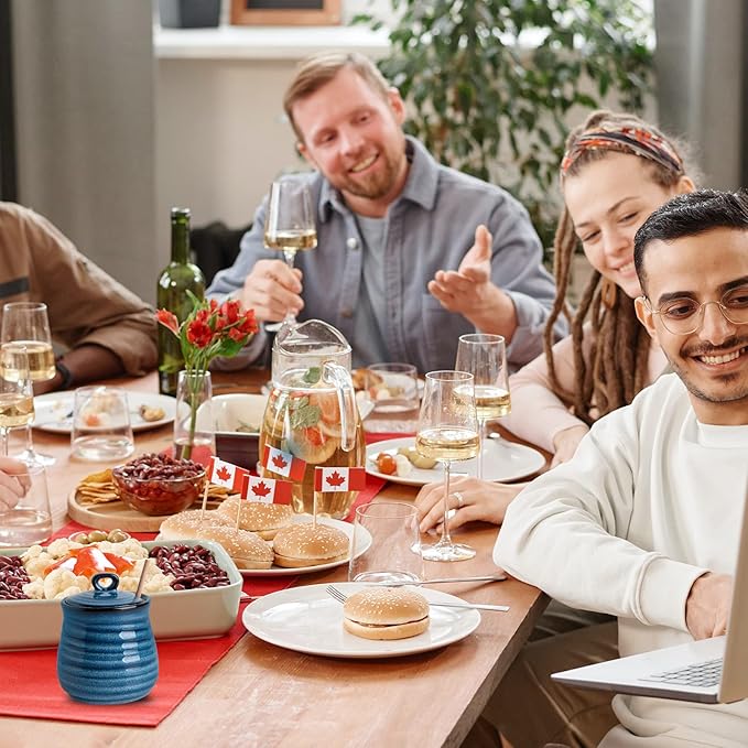 Hasense Ceramic Honey Pot with Lid, 12 Ounce HoneyJar with Wooden Dipper, Honey Dipper Stick and Jar Set, Cute Small Container for Christmas Thanksgiving Gift, Dishwasher Safe, Blue