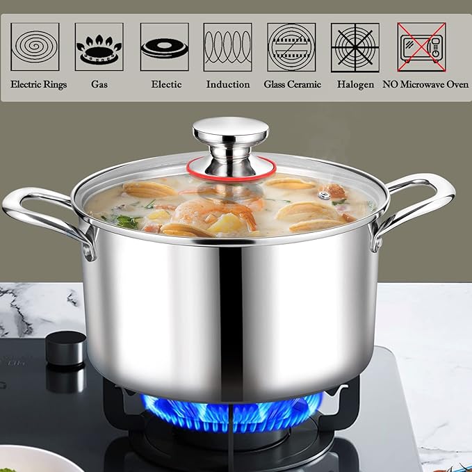 P&P CHEF 6 Quart Tri-Ply Stainless Steel Stock Pot, 6 Qt Stockpot Pasta Cooking Pot with Visible Lid for Soup Vegetable, Induction Cookware for All Stoves, Sturdy & Double Handle, Dishwasher Safe