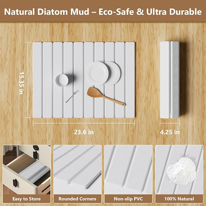 Large Stone Drying Mat for Kitchen Counter, 24"(L)×16"(W), Foldable Diatomaceous Earth Mat, Fast Drying & Absorbent Pad for Dishes, Bottles, Cups, Bathroom & Any Countertop (White)