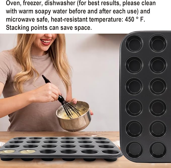 2 Packs Round Muffin Baking Pan, Premium Steel Muffin Pan for Baking, Nonstick Cupcake Tin Cheesecake Pans, Bakeware Muffin Top Pan (24 Cups, Black)