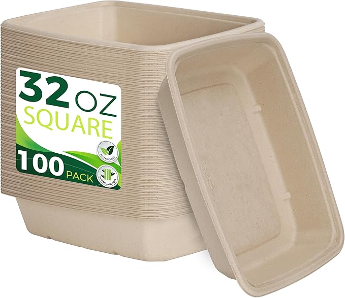 32oz Large Rectangle Paper Bowls [100-Pack], Heavy Duty Disposable Bowls Perfect for for Taco Salad, Burrito, Nacho, Pasta, Compostable Bowls for Party