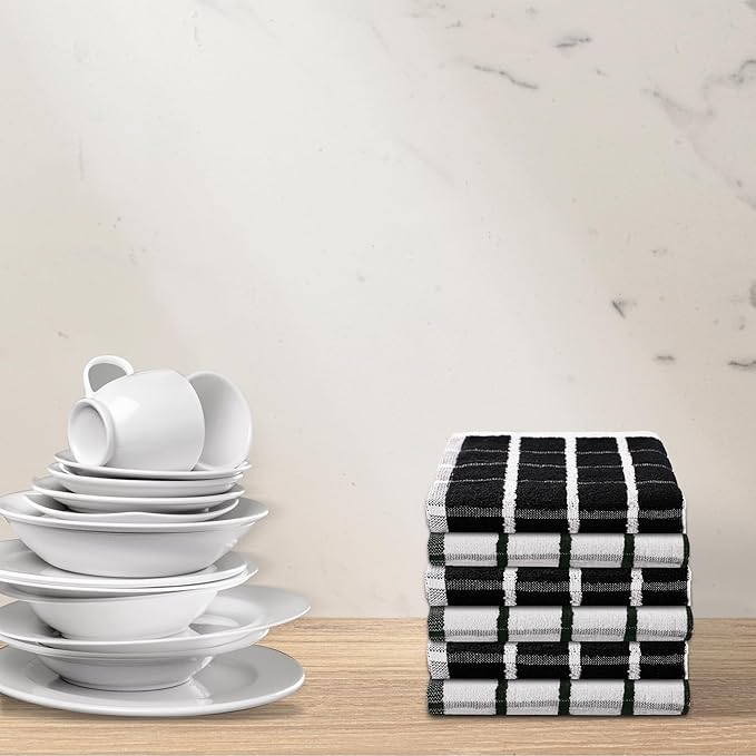 Urban Villa Dish Cloths Terry Cotton Pack of 6, Highly Absorbent Quick Drying Super Soft Premium Dish Towels for Kitchen with Hanging Loop Hand & Tea Towels - 12x12 Inch, (Black & White, Checks)