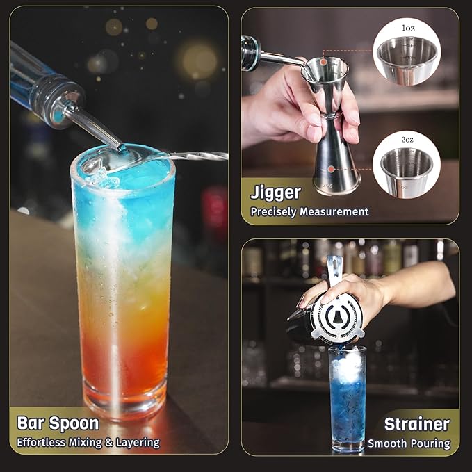 Boston Cocktail Shaker Set, 4-Piece Bar Tools Set, Professional Bar Set with Boston Shaker, Bar Spoon, Jigger, Hawthorne Strainer, Stainless Steel, Dishwasher Safe, Ideal Bartender Kit for Bar