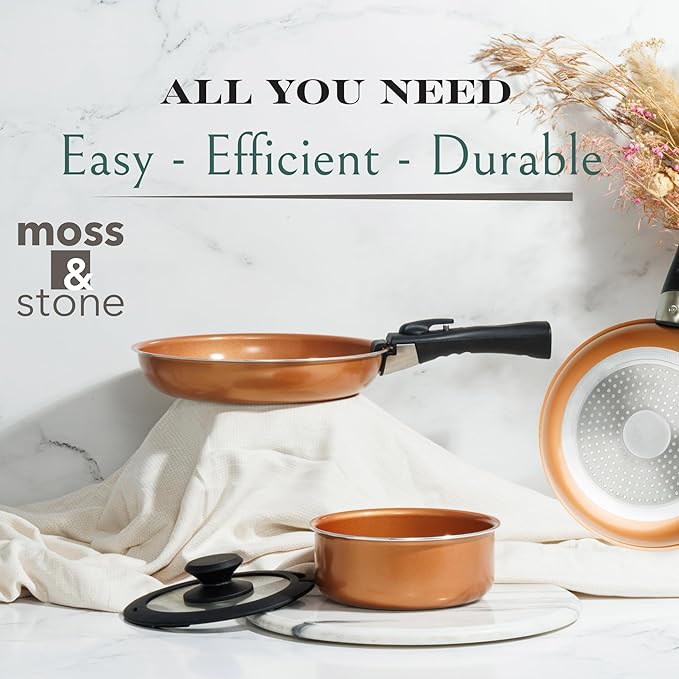 Moss & Stone Copper Pots And Pans Set Nonstick, Removable Handle Cookware, Stackable Pots And Pans Set, Dishwasher safe, Induction Pots And Pans, Camping Cookware Set, Aluminum (7 Pcs)