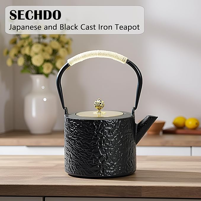 40.6oz Cast Iron Teapot for Stovetop, Japanese Black Tetsubin with Enamel, Tea Pot with Stainless Steel Infuser for Loose Tea, 1200ml Small Tea Kettle(Cylindrical Shape)
