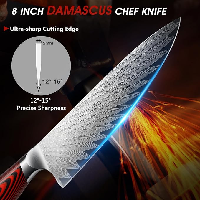 8 Inch Damascus Chef Knife, Professional Japanese Damascus Super Steel Kitchen Knife, Ultra Sharp Cooking Knife with Ergonomic G10 Handle