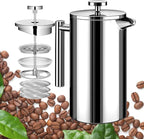 French Press Coffee Maker 34oz, Stainless Steel Double Wall Insulated, 3 Extra Filters & Coffee Spoon for Hot/Cold Brew, Durable Coffee Press for Home, Camping, Office - Silver