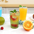 6pcs Vintage Drinking Glasses Set, 12 oz Green Highball Glasses, Embossed Ribbed Glassware Cups for Cocktail, Water, Juice, Coffee, Whiskey