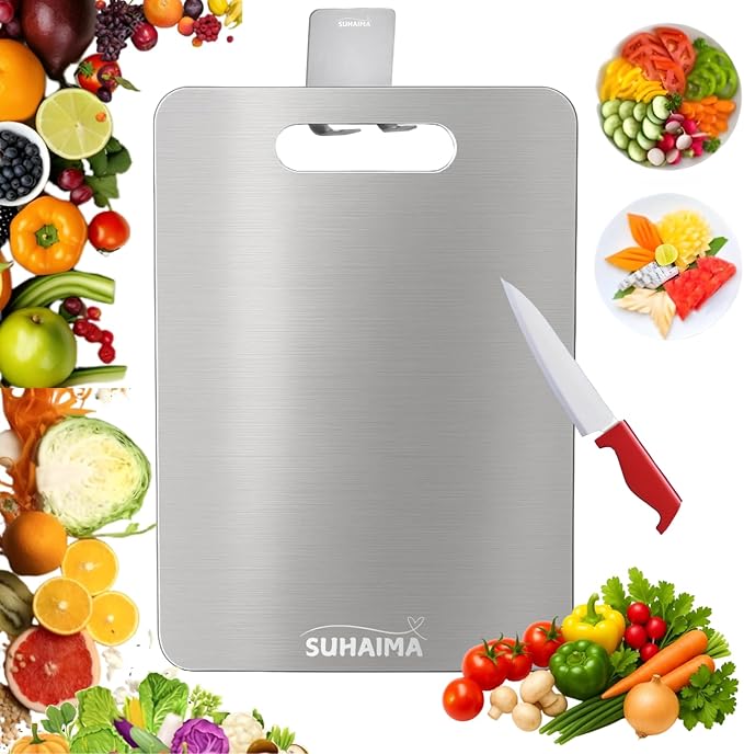Titanium Cutting Board for Kitchen, Double Sided Food-Grade Stainless Steel Cutting Boards, Durable Rust Resistant & Dishwasher Safe, With Hook, (Size, 13.18" L x 9" W)