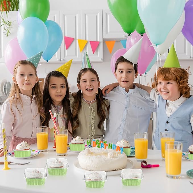 Aoriher 150 Pieces 10 oz Mini Cake Pans with Lids Aluminum Foil Baking Cups Square Disposable 4 x 4 Large Cupcake Cups Baking Tins for Kitchen Brownie Pudding Desserts Holders(Light Green)