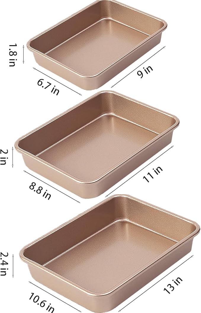 Set of 3 Baking Pans Set, Deep Size Baking Pan Nonstick Cookie Sheet Cake Pan Bread Pan Toaster Oven Tray Bakeware, 9,11,13 inch (Gold)