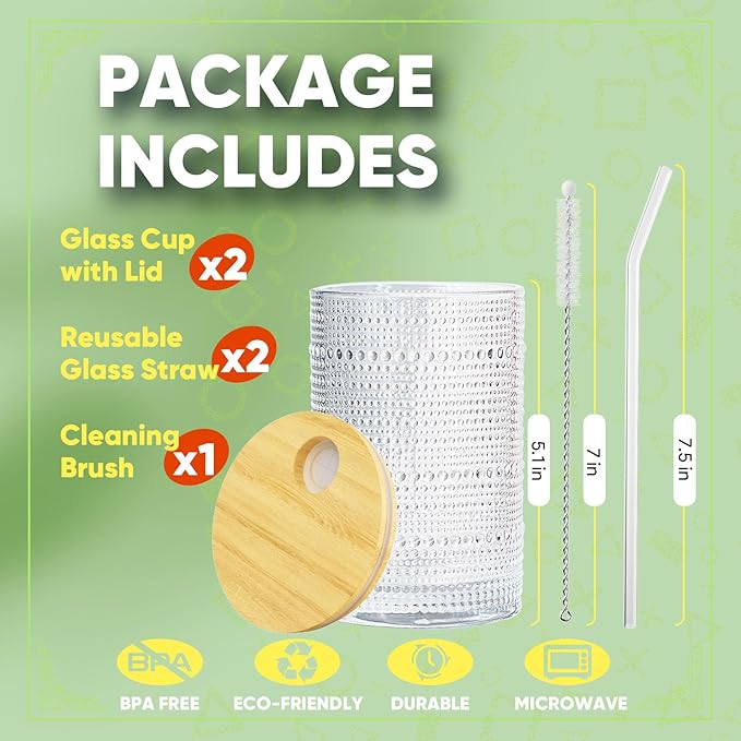 15 Oz Glass Cups with Lids and Straws, Vintage Embossed Glassware for Whiskey Cocktail Beer, Iced Coffee Cup with Lid (2 PACK)