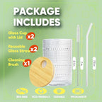 15 Oz Glass Cups with Lids and Straws, Vintage Embossed Glassware for Whiskey Cocktail Beer, Iced Coffee Cup with Lid (2 PACK)