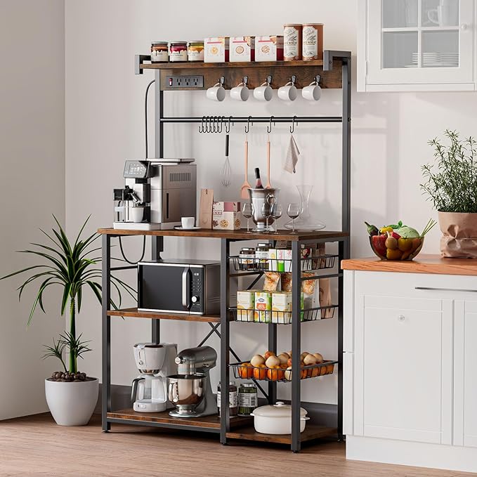 Large Bakers Rack with Power Outlets 38.8 Inches, 15 Hooks Coffee Bar with 3 Wire Basket, Microwave Stand Kitchen Storage Shelf for Spices, Cups, Pots, 38.8 x 16.3 x 62.2 in, Rustic Brown