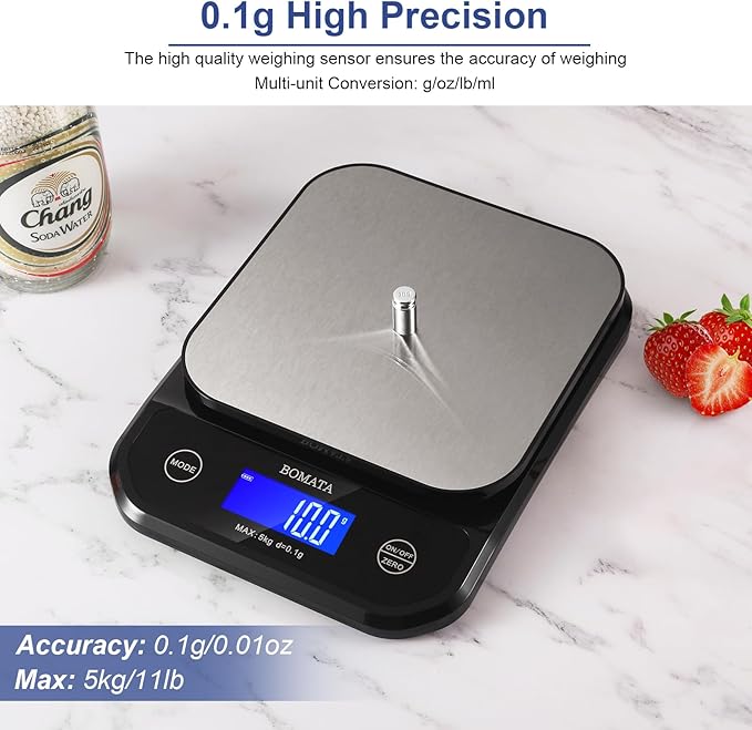 BOMATA Waterproof Kitchen Scale, 0.1g/0.01oz High Precision, 5kg/11lb, Washable, USB Rechargeable, Digital Scale for Food,Cooking, Baking, Weight Loss