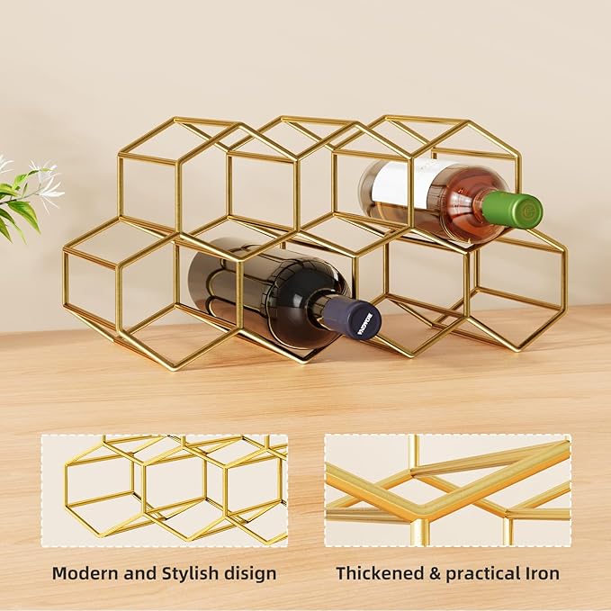 Urban Deco Small Gold Wine Rack 9 Bottle Holder Countertop - No Need Assembly Modern Metal Wire Wine Storage for Counter Top Table Top Coffee Bar Kitchen