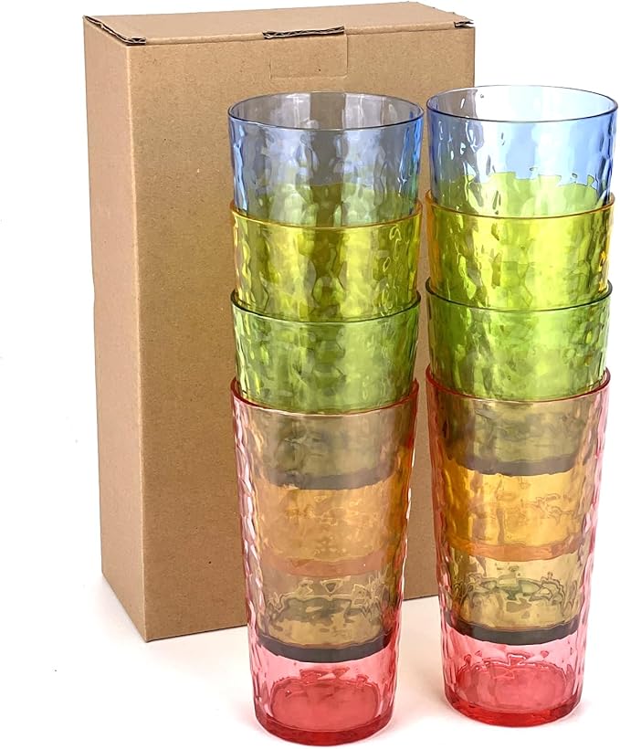 Yalin 24-Ounce Plastic Tumbler Acrylic Drinking Glasses, Reusable Plastic Cups, Stackable, BPA-Free, Shatter Proof, Dishwasher Safe, Set of 8 (Multicolor)