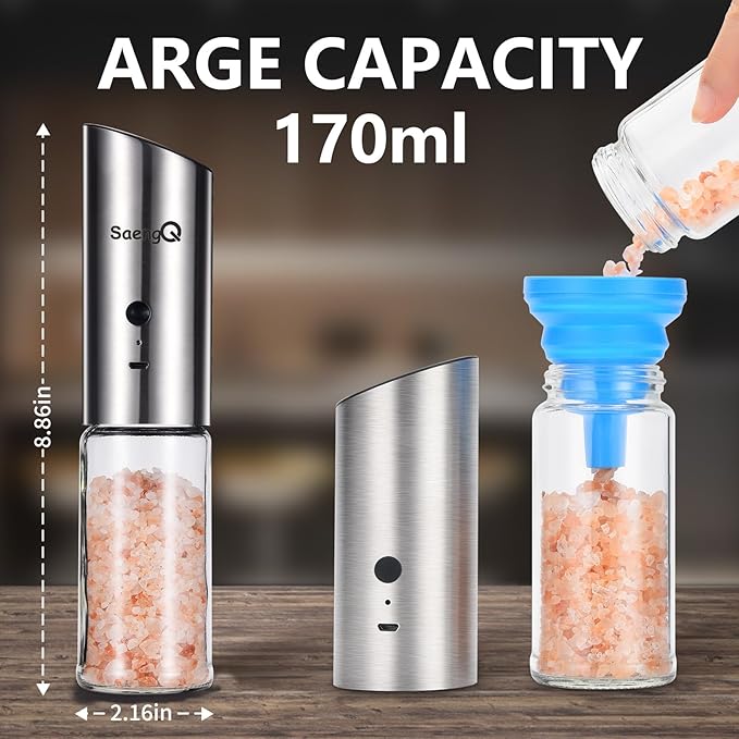 Gravity Electric Salt and Pepper Grinder Set of 2,USB Rechargeable Kitchen Electric Pepper Mill with Adjustable Grinder and LED Light,Tall Glass Salt and Pepper Grinders Refillable