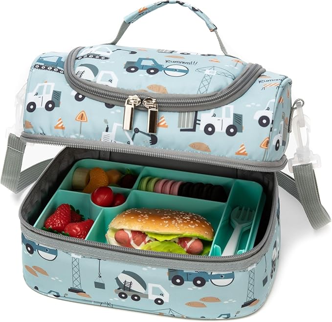 Insulated Kids Dual Compartment Lunch Bags Tote for Girls Boys Toddler Lunch Boxes Pre-School Toddler Kindergarten Picnic Camp Food Cooler Thermal with Strap (Z Light Blue Car)