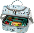 Insulated Kids Dual Compartment Lunch Bags Tote for Girls Boys Toddler Lunch Boxes Pre-School Toddler Kindergarten Picnic Camp Food Cooler Thermal with Strap (Z Light Blue Car)