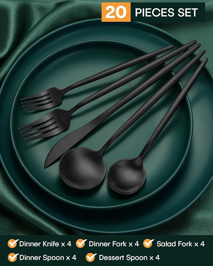 EUIRIO 20-Piece Matte Black Silverware Set, Modern Grey Flatware Set for 4, Premium Stainless Steel Cutlery Set with Forks Spoons and Knives, Heavy Duty Utensil Sets, Dishwasher Safe